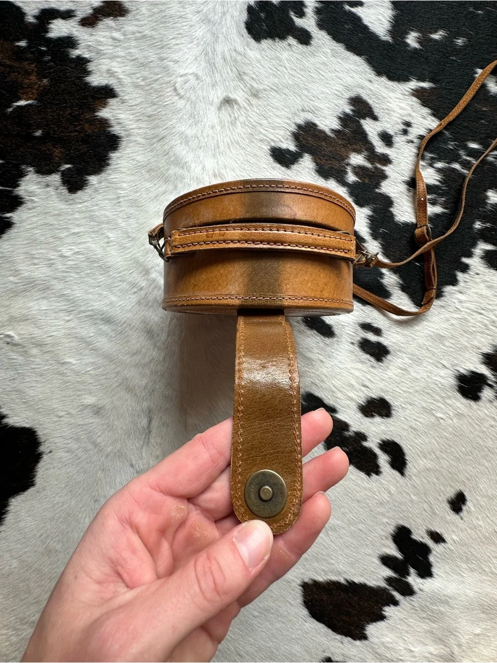 Vintage Leather Pillbox Crossbody Purse with Travel Stickers & Magnetic Closure